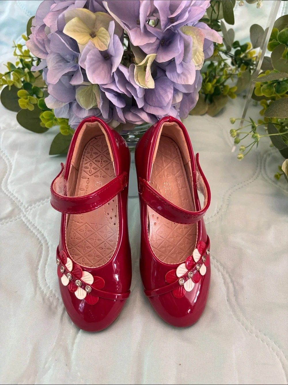 Red Patent Mary Jane Girls' Shoes with row of hearts Accent